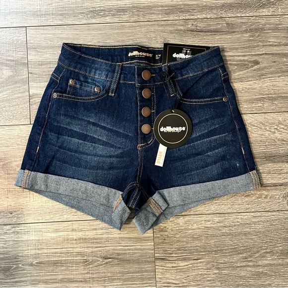 jean shorts high rise button fly 5 pocket rolled hem dark wash dollhouse tag - Picture 1 of 10